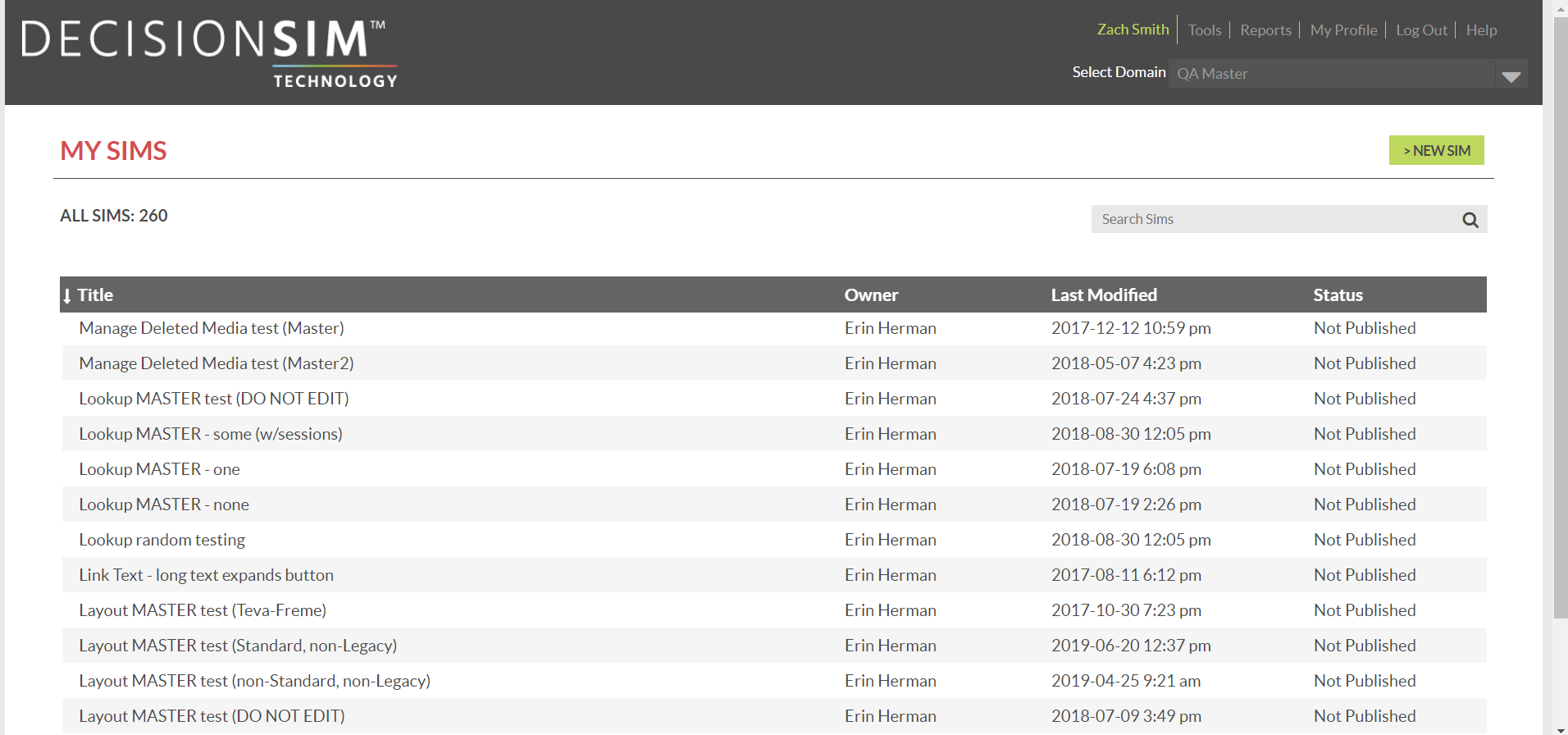 DecisionSim My Sims Dashboard